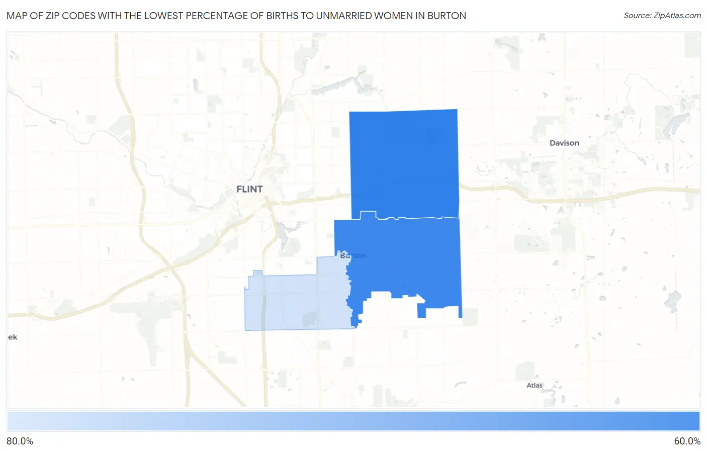 Zip Codes with the Lowest Percentage of Births to Unmarried Women in Burton Map