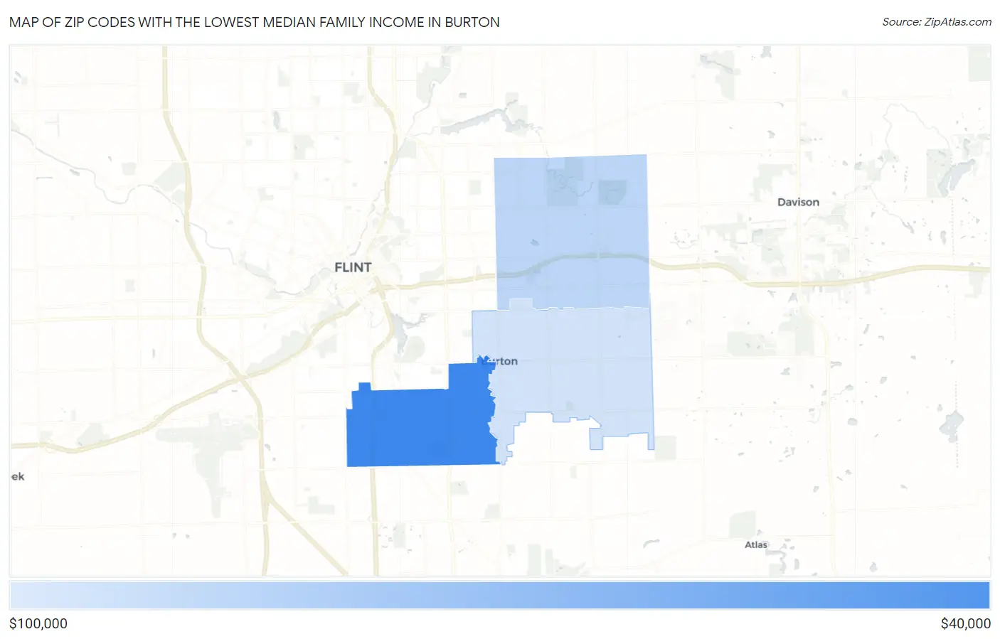 Zip Codes with the Lowest Median Family Income in Burton Map