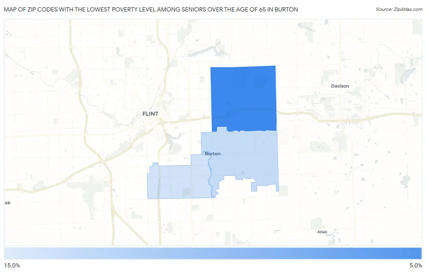 Zip Codes with the Lowest Poverty Level Among Seniors Over the Age of 65 in Burton Map