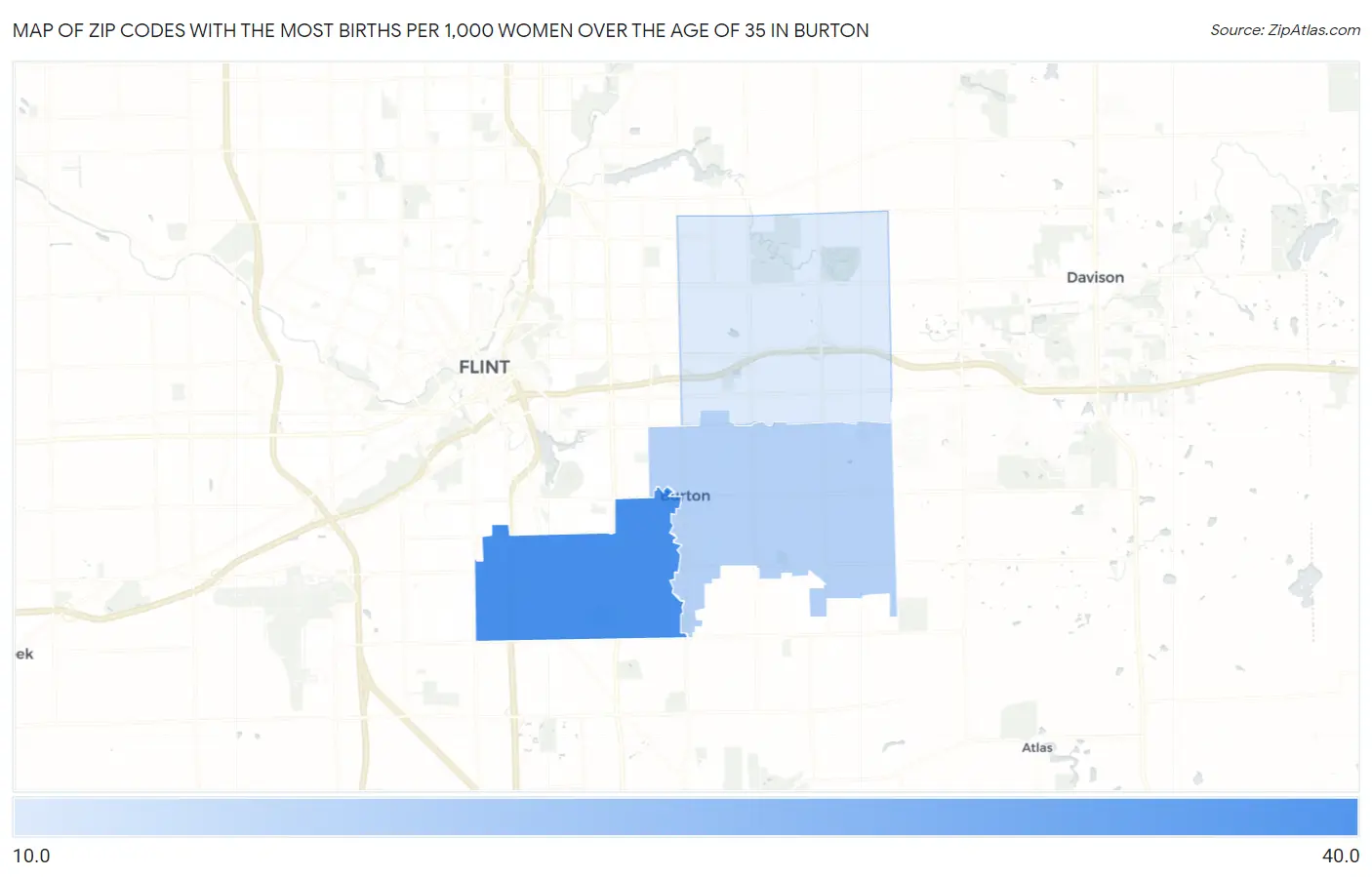 Zip Codes with the Most Births per 1,000 Women Over the Age of 35 in Burton Map