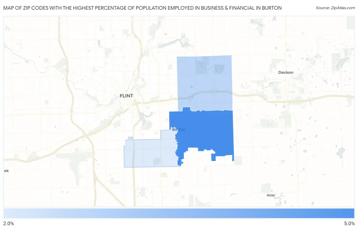 Zip Codes with the Highest Percentage of Population Employed in Business & Financial in Burton Map