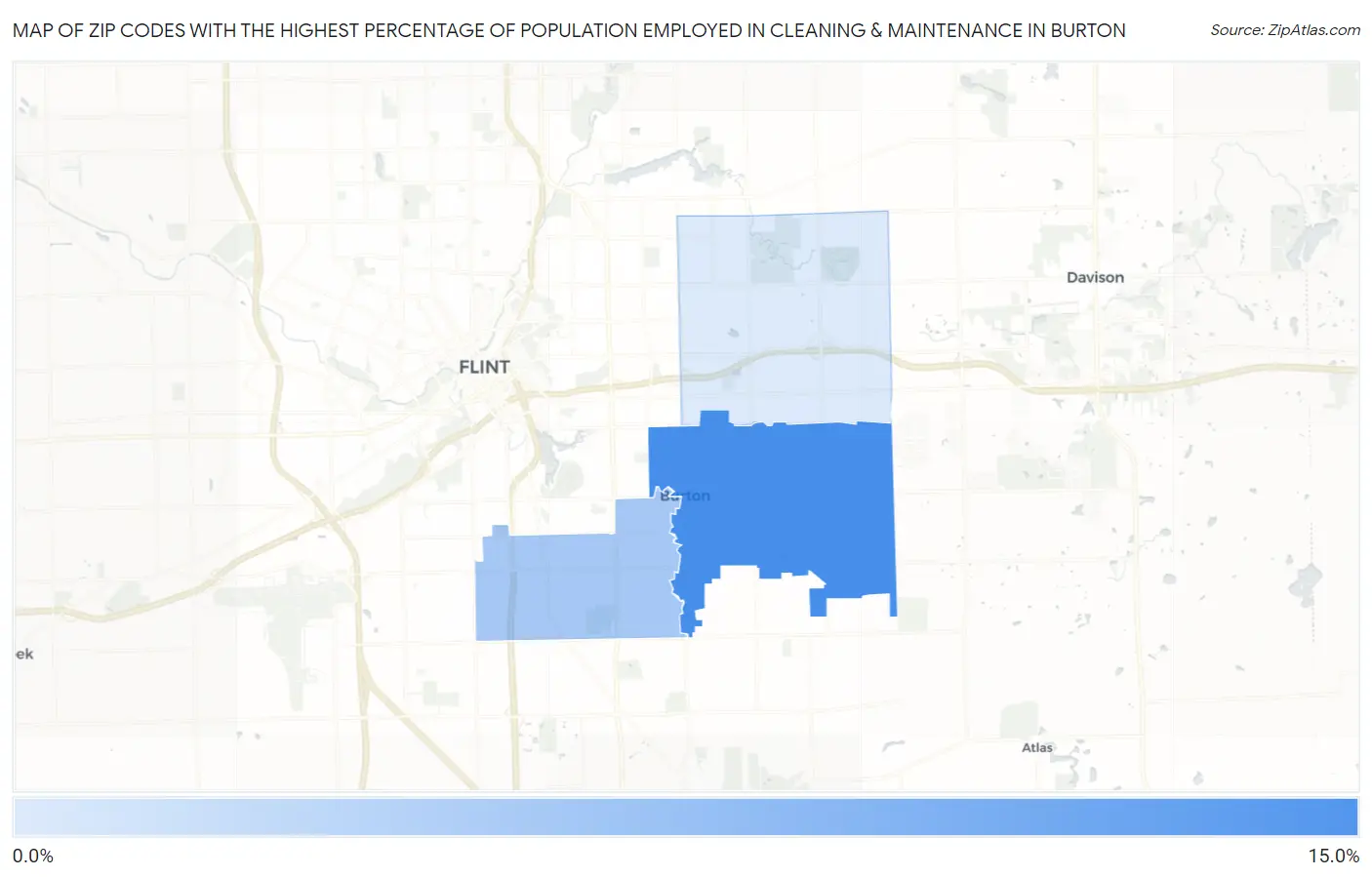 Zip Codes with the Highest Percentage of Population Employed in Cleaning & Maintenance in Burton Map