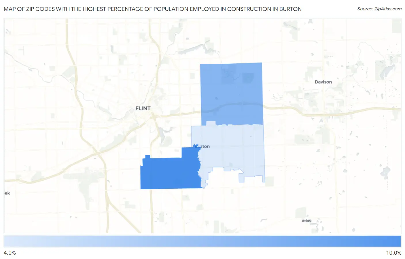 Zip Codes with the Highest Percentage of Population Employed in Construction in Burton Map