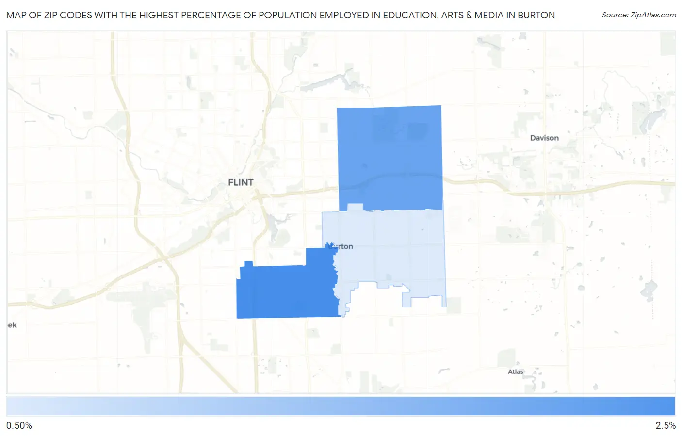Zip Codes with the Highest Percentage of Population Employed in Education, Arts & Media in Burton Map
