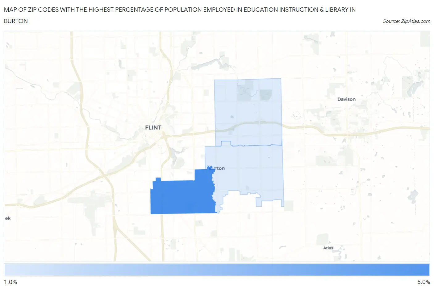 Zip Codes with the Highest Percentage of Population Employed in Education Instruction & Library in Burton Map