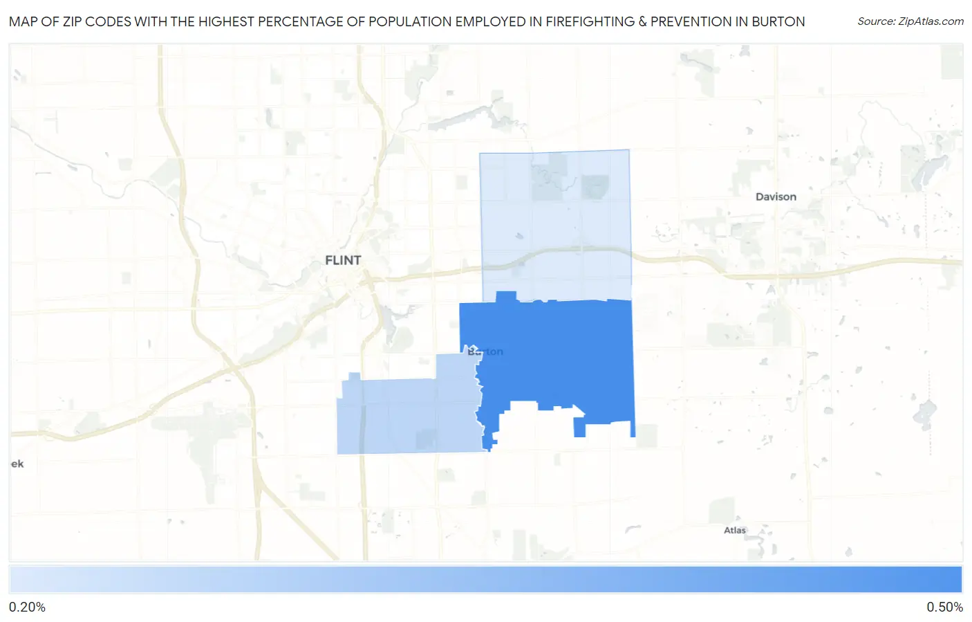 Zip Codes with the Highest Percentage of Population Employed in Firefighting & Prevention in Burton Map
