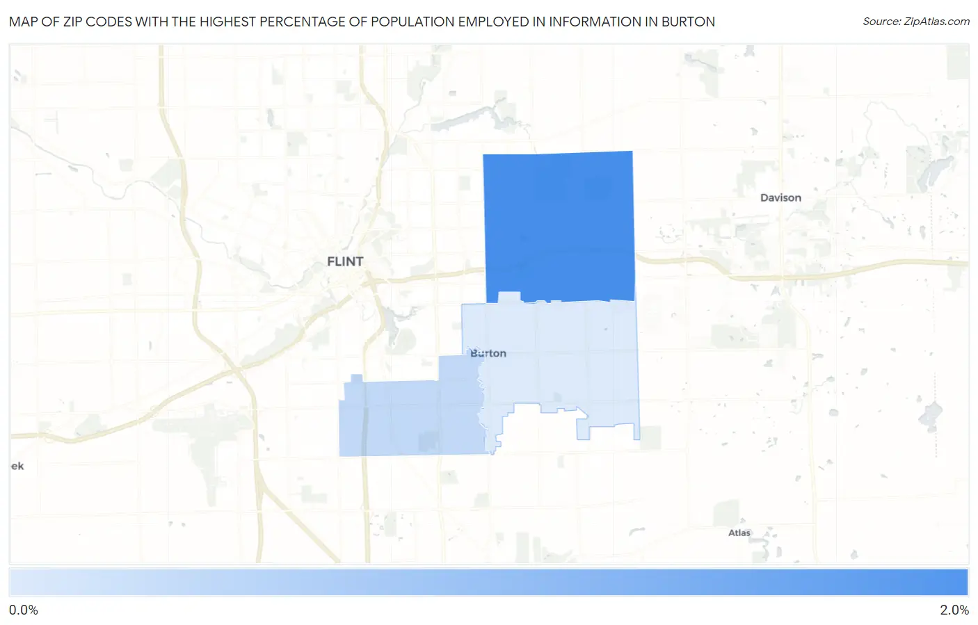 Zip Codes with the Highest Percentage of Population Employed in Information in Burton Map