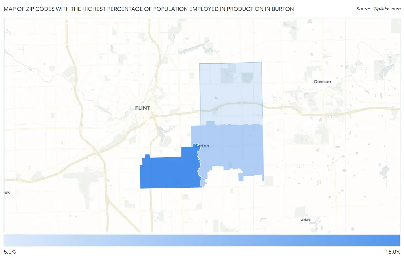 Zip Codes with the Highest Percentage of Population Employed in Production in Burton Map