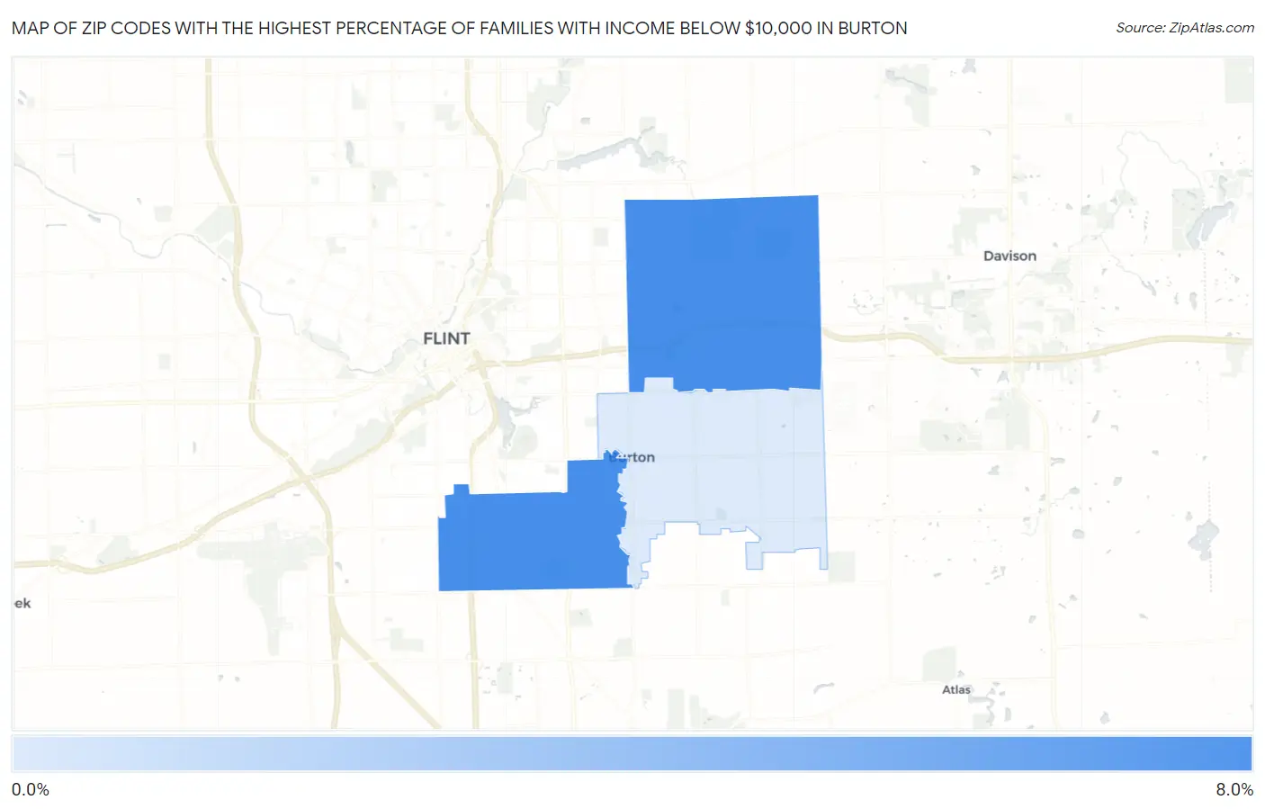 Zip Codes with the Highest Percentage of Families with Income Below $10,000 in Burton Map
