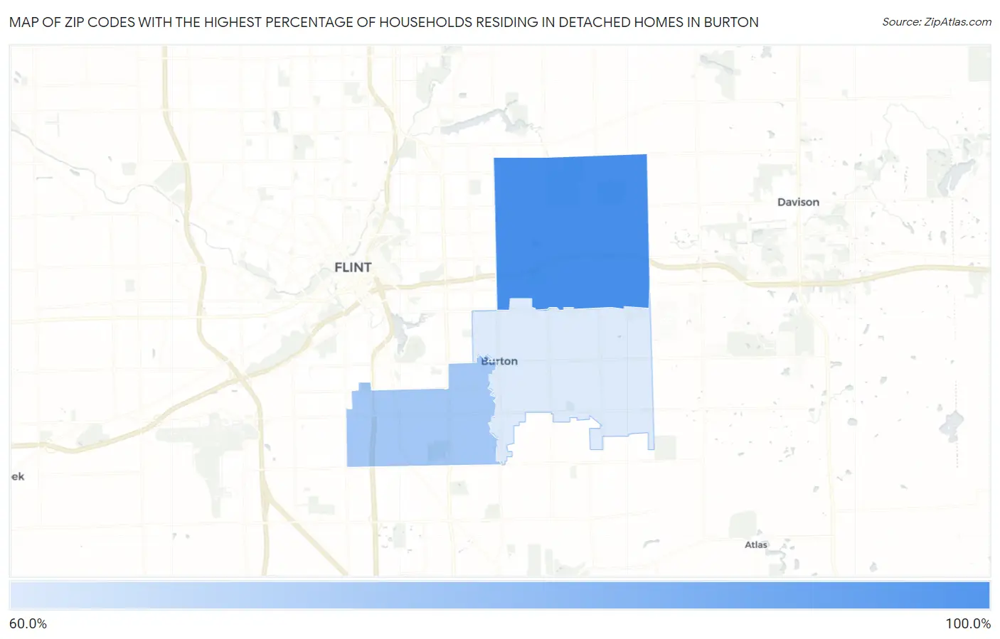 Zip Codes with the Highest Percentage of Households Residing in Detached Homes in Burton Map