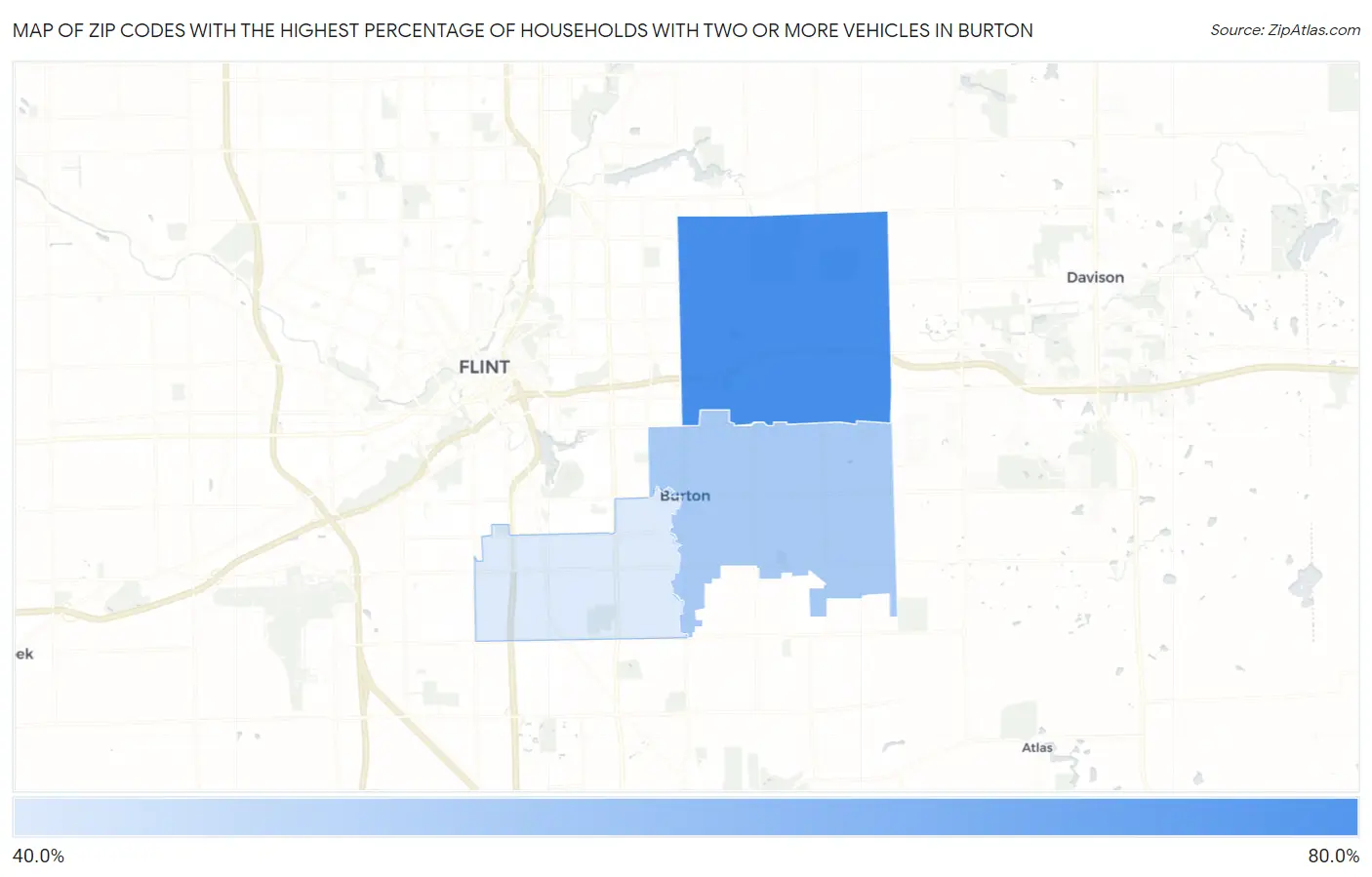 Zip Codes with the Highest Percentage of Households With Two or more Vehicles in Burton Map