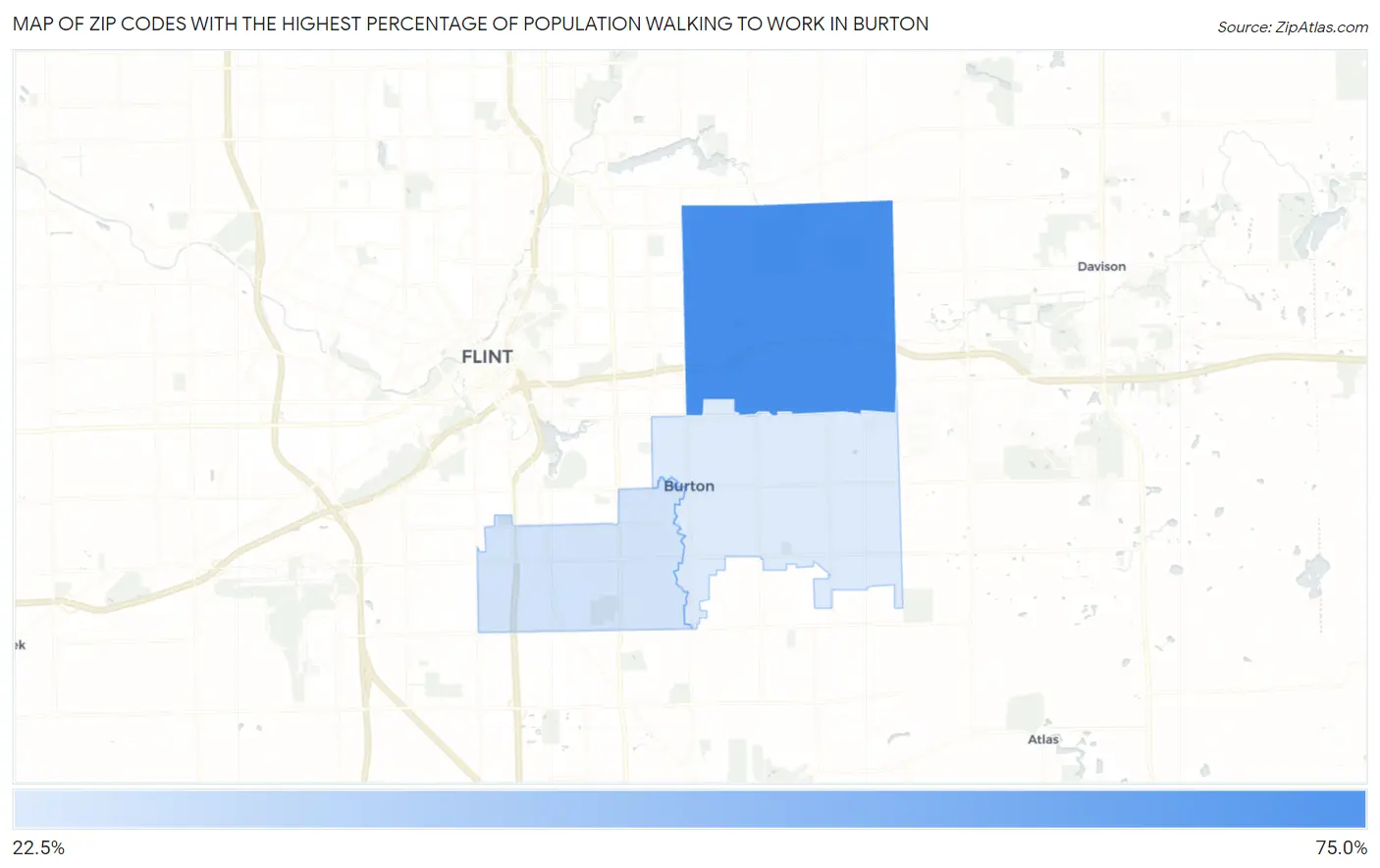 Zip Codes with the Highest Percentage of Population Walking to Work in Burton Map