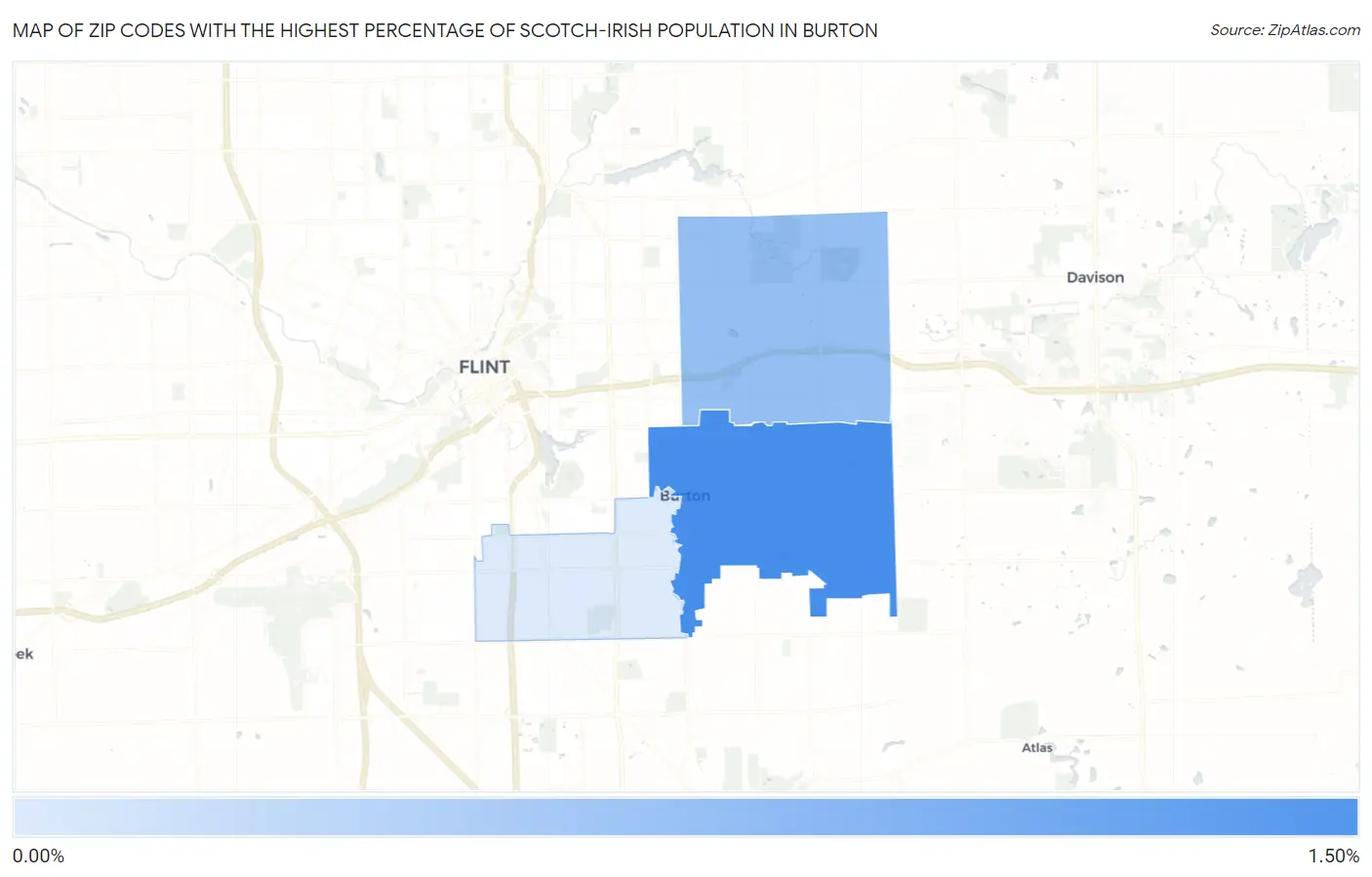 Zip Codes with the Highest Percentage of Scotch-Irish Population in Burton Map