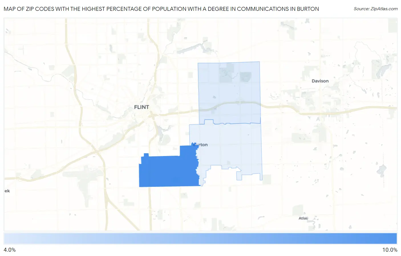 Zip Codes with the Highest Percentage of Population with a Degree in Communications in Burton Map