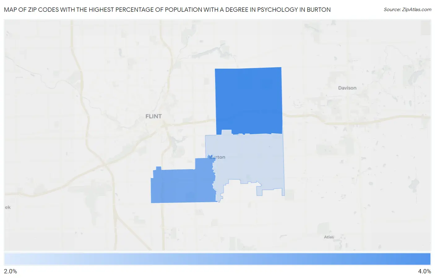Zip Codes with the Highest Percentage of Population with a Degree in Psychology in Burton Map