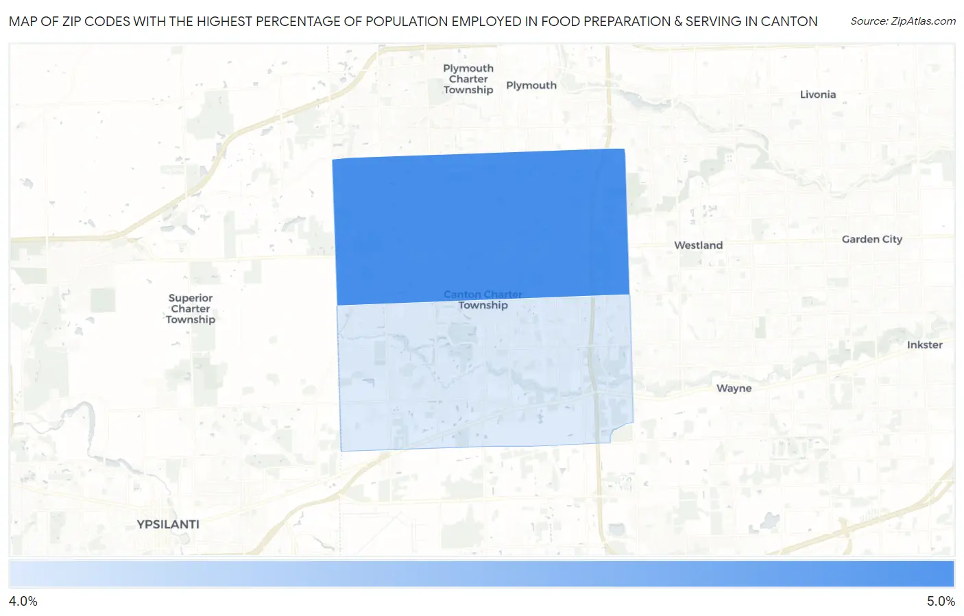 Zip Codes with the Highest Percentage of Population Employed in Food Preparation & Serving in Canton Map