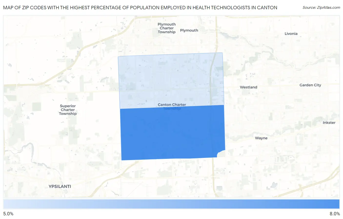 Zip Codes with the Highest Percentage of Population Employed in Health Technologists in Canton Map