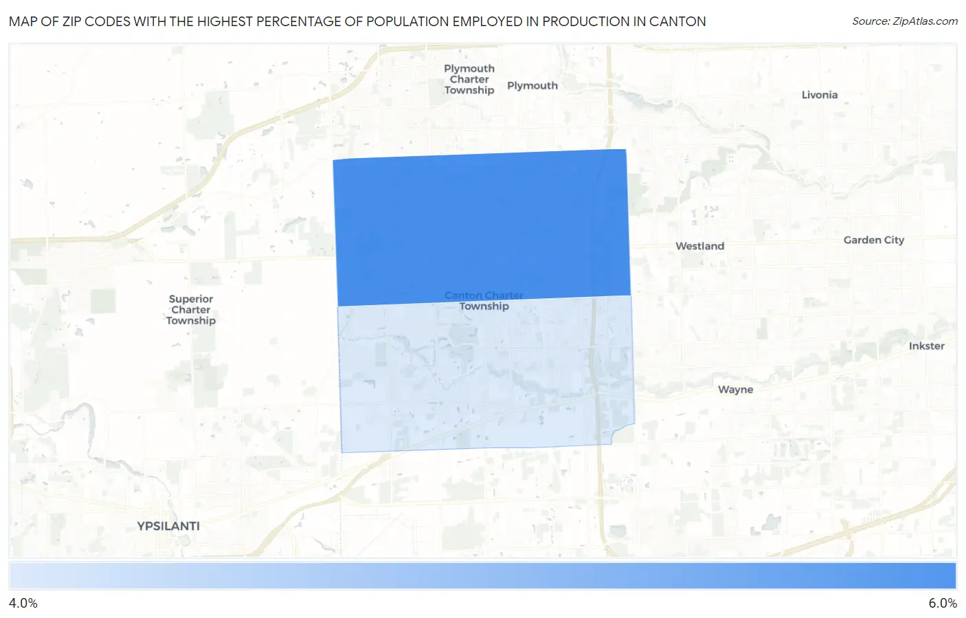 Zip Codes with the Highest Percentage of Population Employed in Production in Canton Map