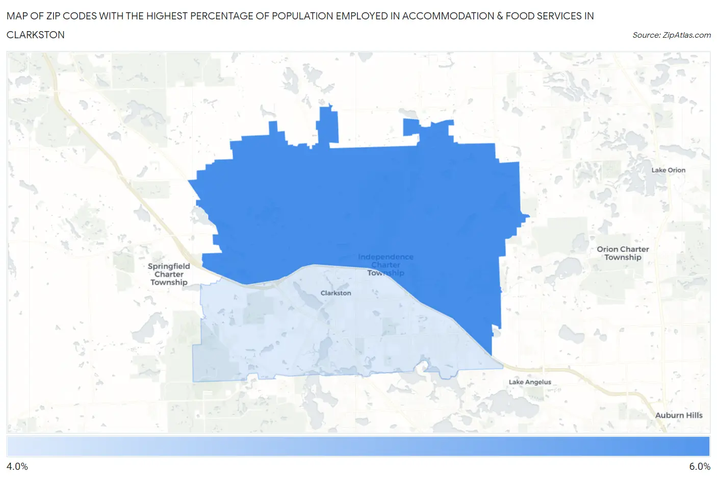 Zip Codes with the Highest Percentage of Population Employed in Accommodation & Food Services in Clarkston Map