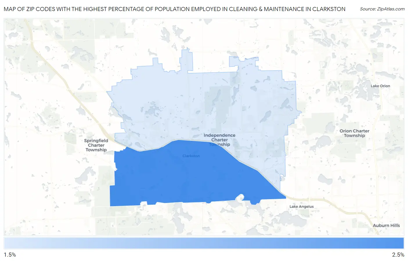 Zip Codes with the Highest Percentage of Population Employed in Cleaning & Maintenance in Clarkston Map