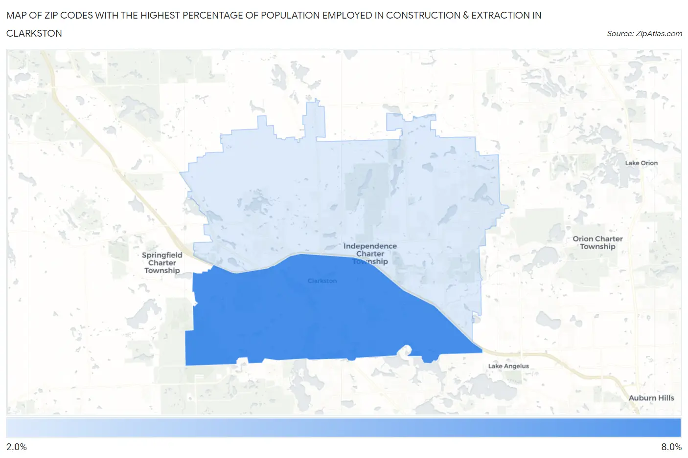Zip Codes with the Highest Percentage of Population Employed in Construction & Extraction in Clarkston Map