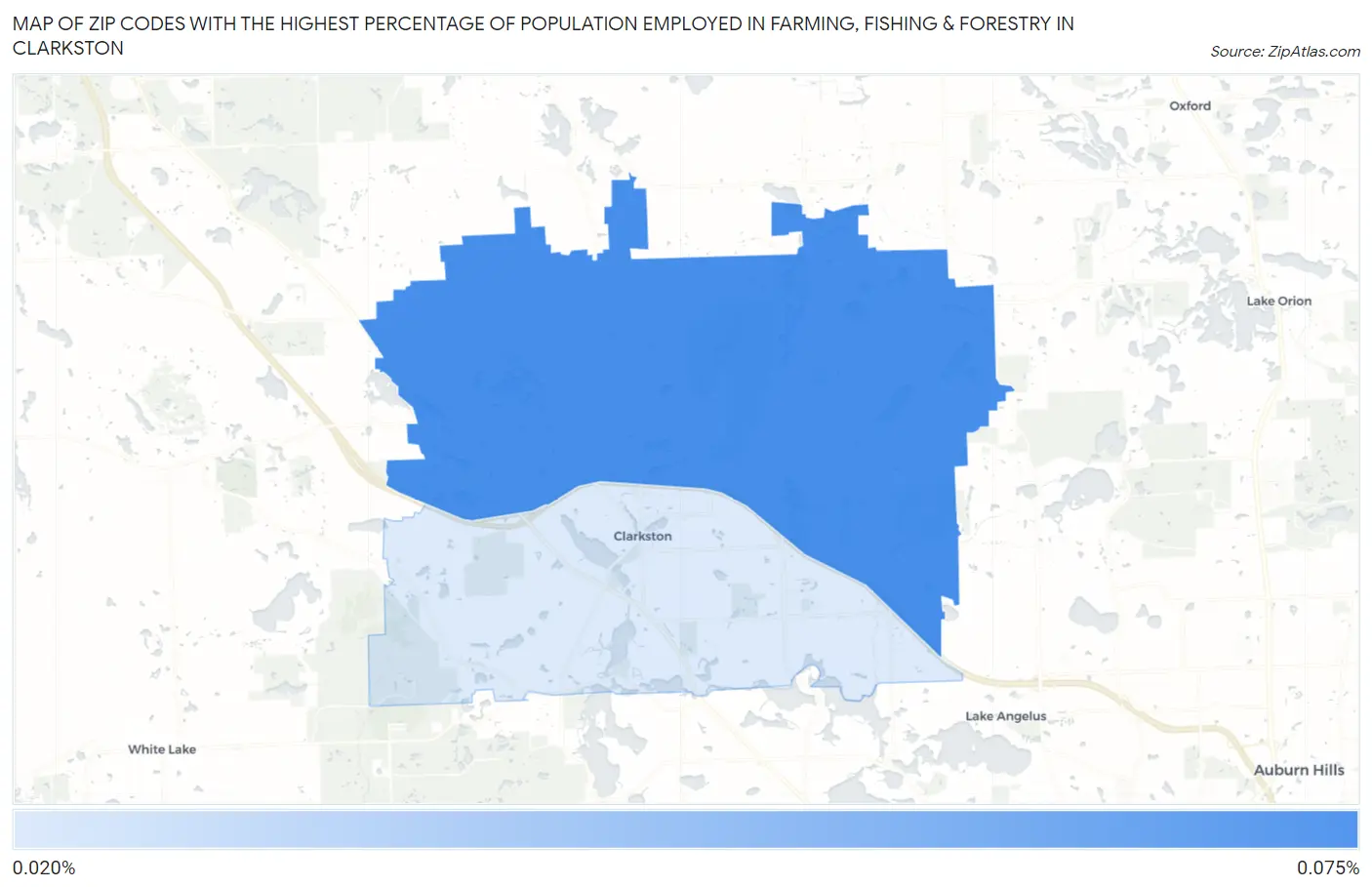 Zip Codes with the Highest Percentage of Population Employed in Farming, Fishing & Forestry in Clarkston Map