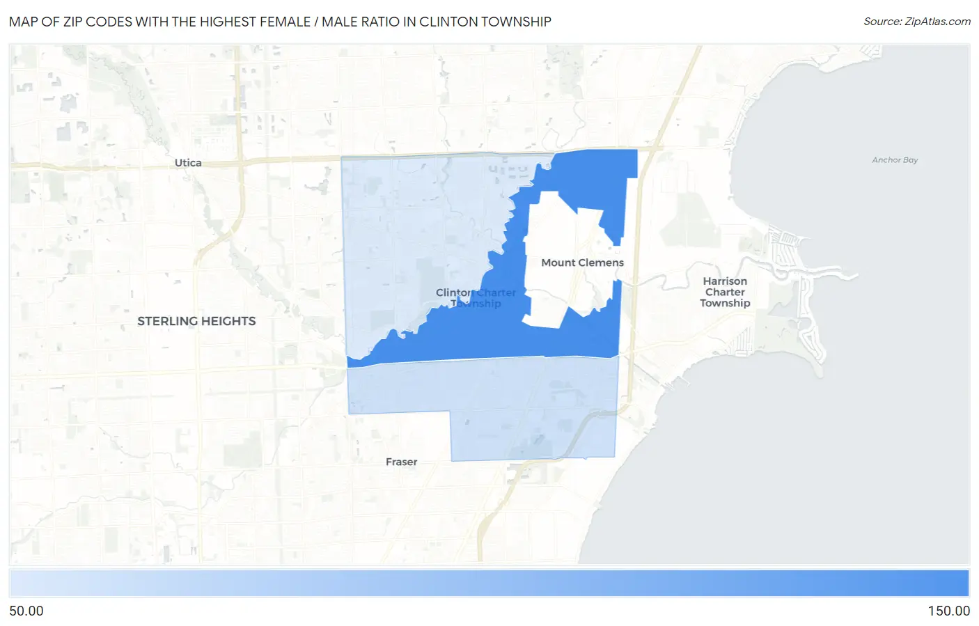 Zip Codes with the Highest Female / Male Ratio in Clinton Township Map