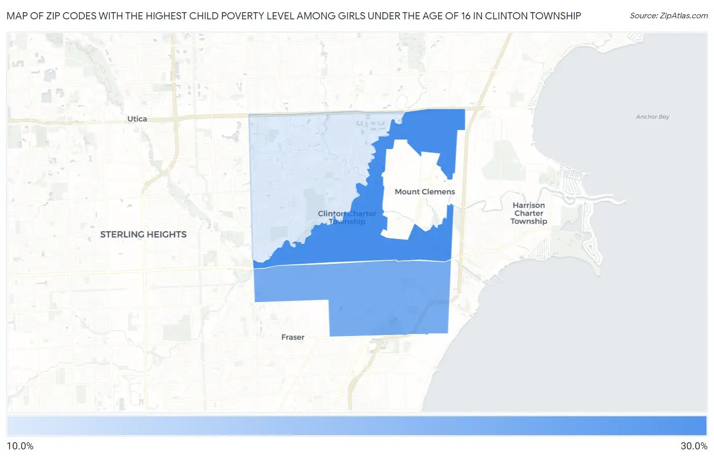 Zip Codes with the Highest Child Poverty Level Among Girls Under the Age of 16 in Clinton Township Map