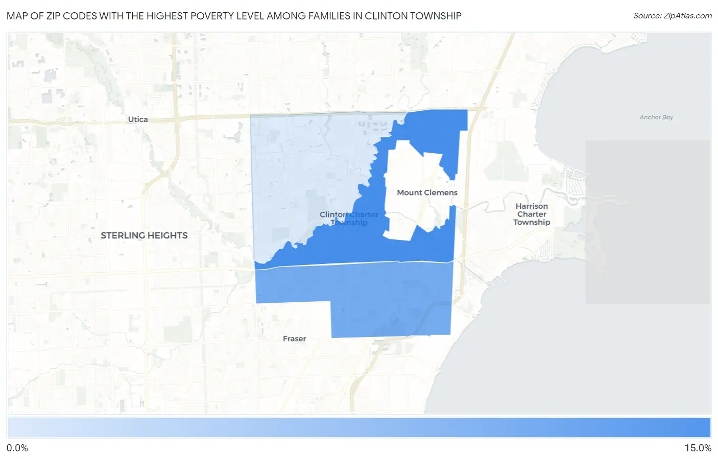 Zip Codes with the Highest Poverty Level Among Families in Clinton Township Map