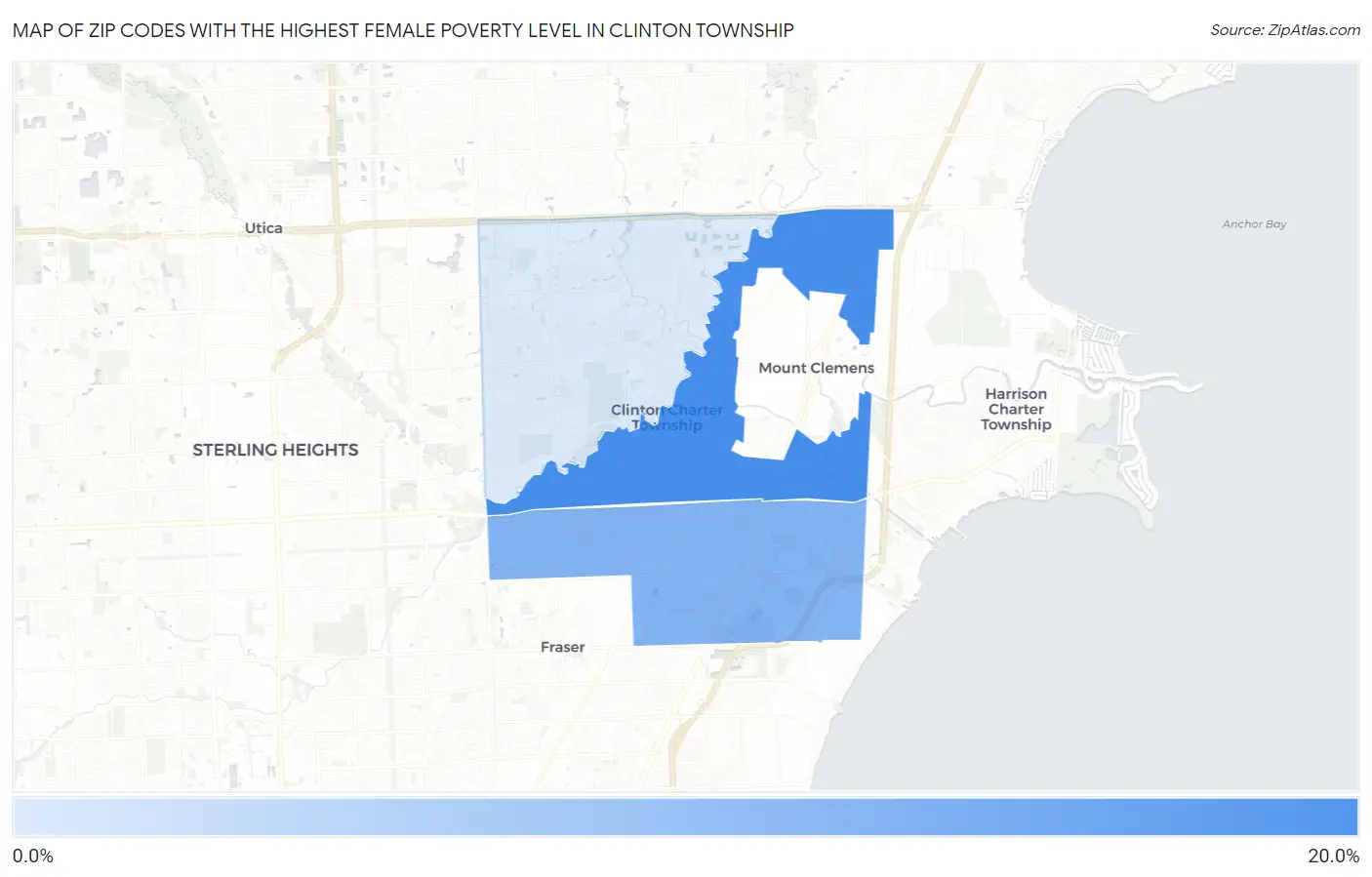 Zip Codes with the Highest Female Poverty Level in Clinton Township Map