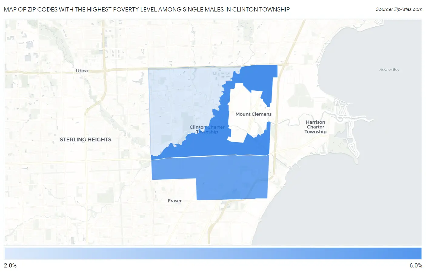 Zip Codes with the Highest Poverty Level Among Single Males in Clinton Township Map