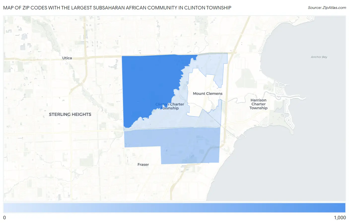 Zip Codes with the Largest Subsaharan African Community in Clinton Township Map