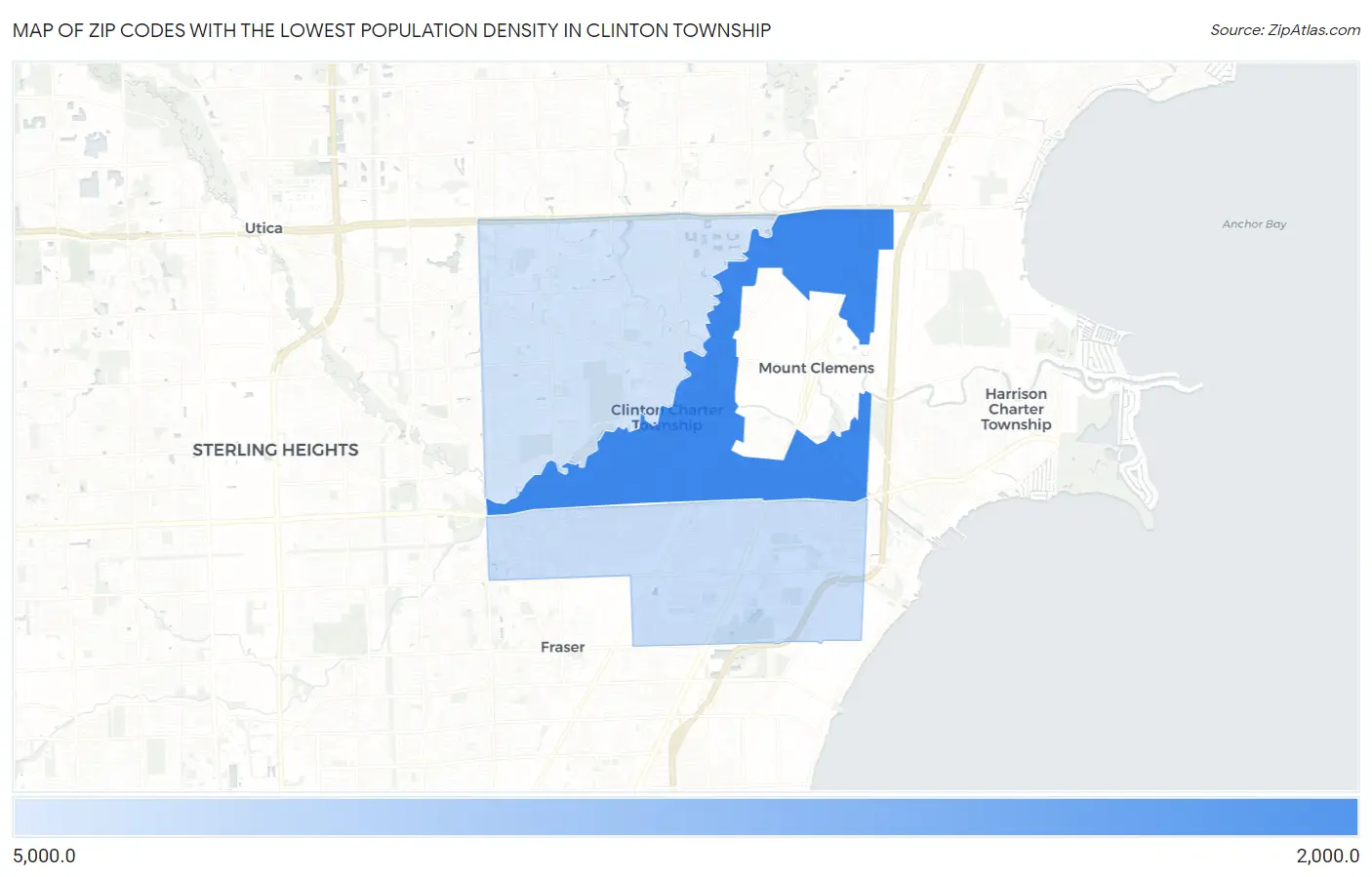 Zip Codes with the Lowest Population Density in Clinton Township Map