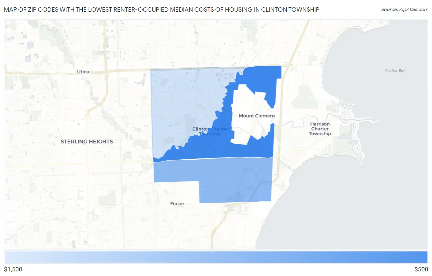Zip Codes with the Lowest Renter-Occupied Median Costs of Housing in Clinton Township Map