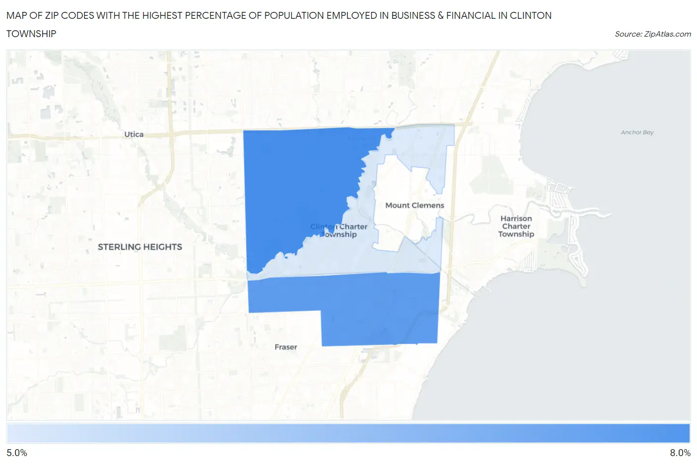 Zip Codes with the Highest Percentage of Population Employed in Business & Financial in Clinton Township Map