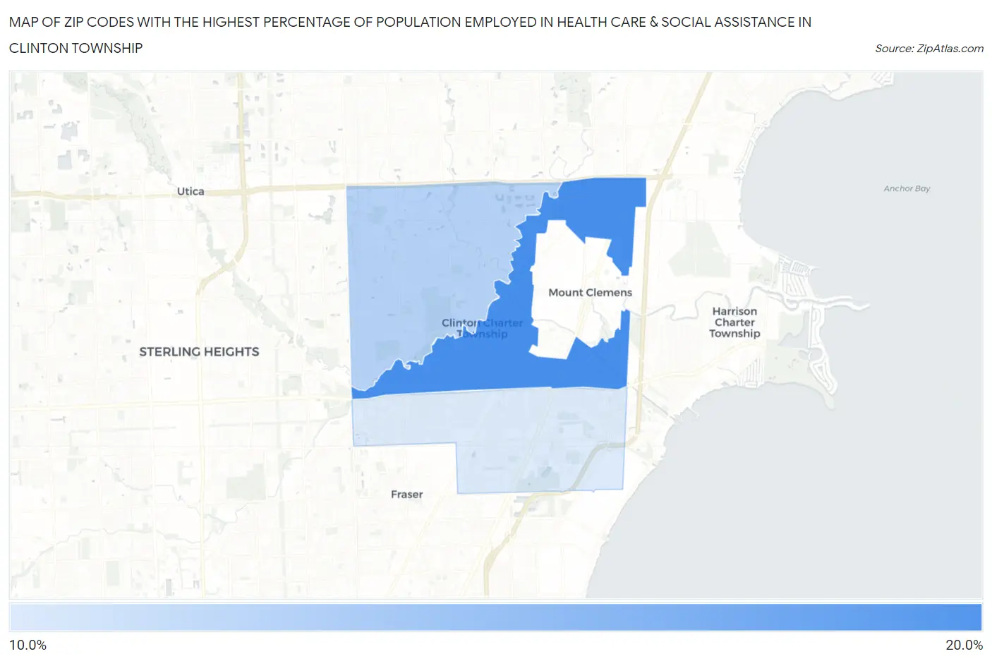 Zip Codes with the Highest Percentage of Population Employed in Health Care & Social Assistance in Clinton Township Map