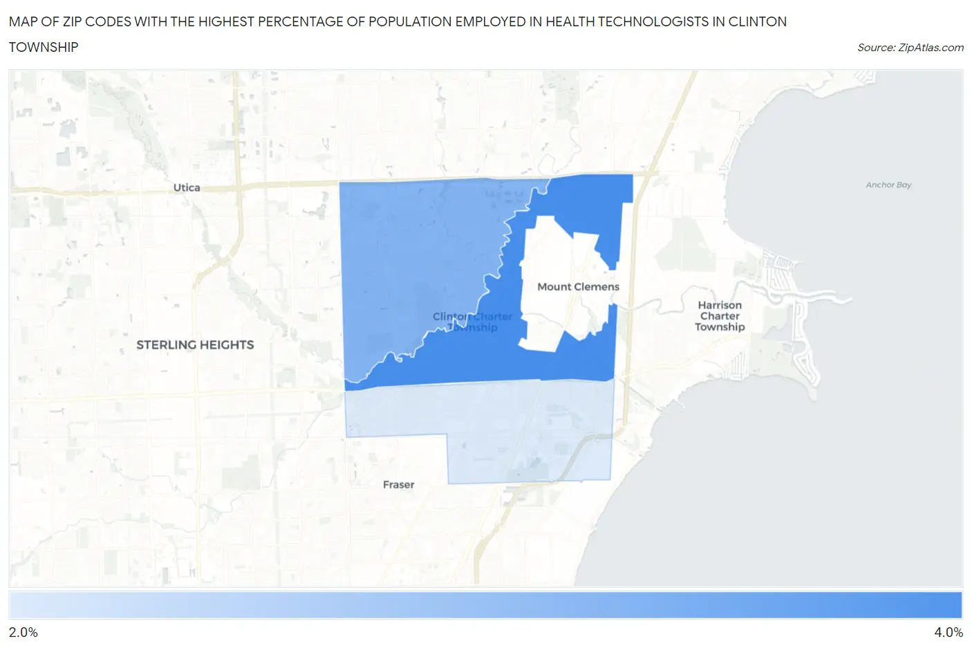 Zip Codes with the Highest Percentage of Population Employed in Health Technologists in Clinton Township Map
