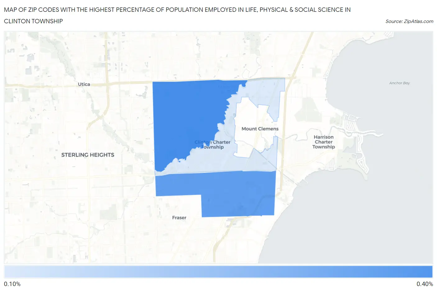 Zip Codes with the Highest Percentage of Population Employed in Life, Physical & Social Science in Clinton Township Map