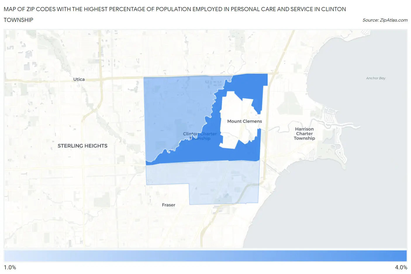 Zip Codes with the Highest Percentage of Population Employed in Personal Care and Service in Clinton Township Map