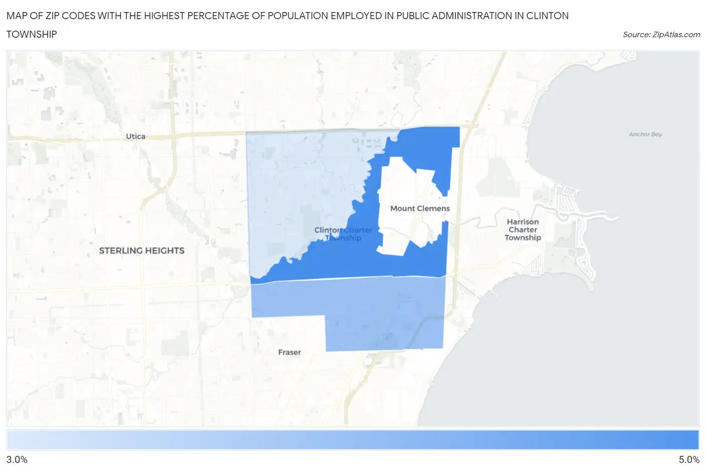 Zip Codes with the Highest Percentage of Population Employed in Public Administration in Clinton Township Map