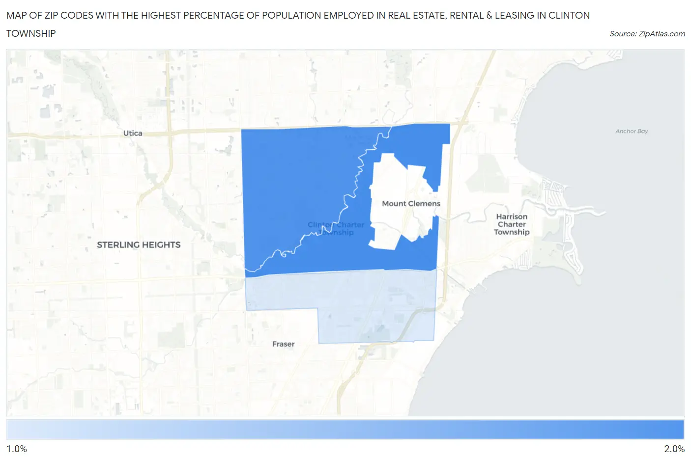 Zip Codes with the Highest Percentage of Population Employed in Real Estate, Rental & Leasing in Clinton Township Map