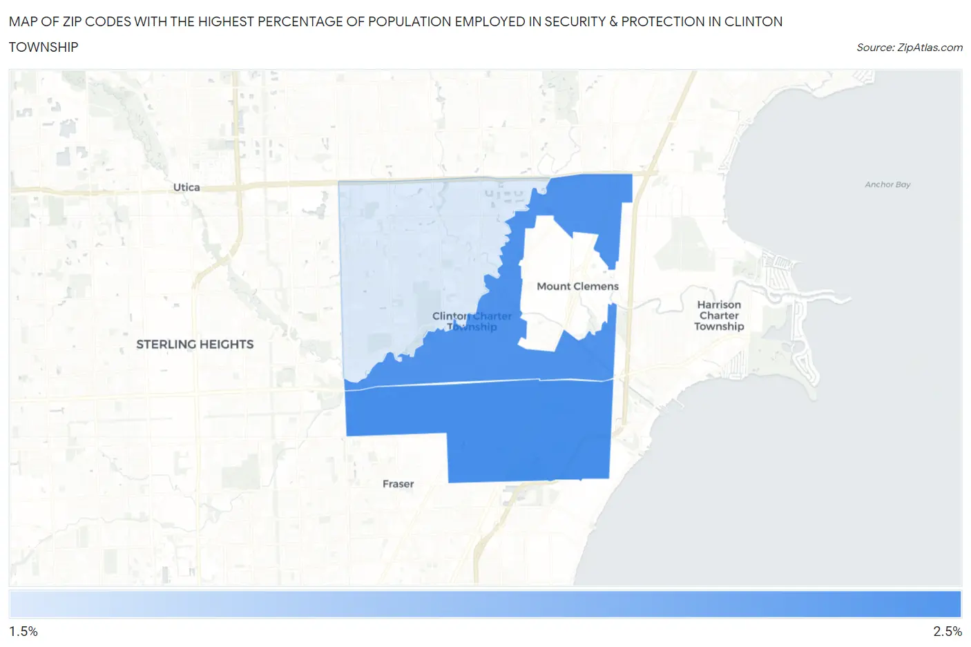 Zip Codes with the Highest Percentage of Population Employed in Security & Protection in Clinton Township Map