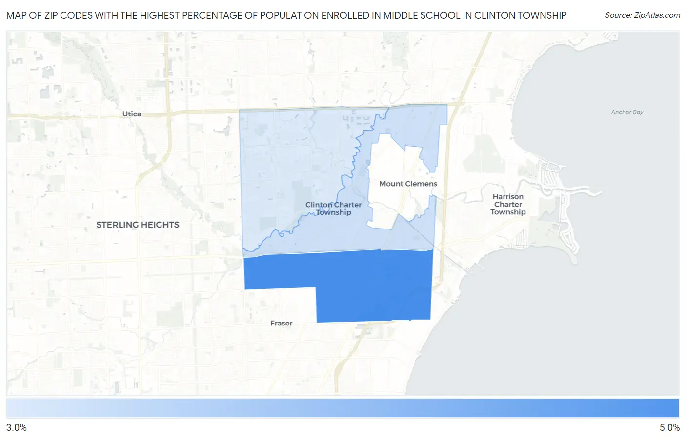 Zip Codes with the Highest Percentage of Population Enrolled in Middle School in Clinton Township Map