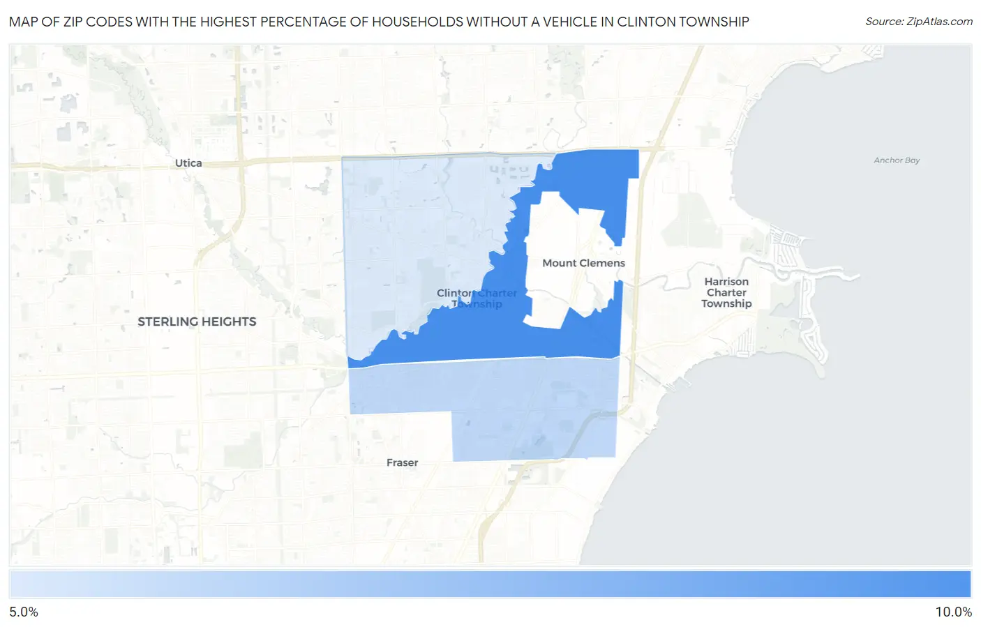 Zip Codes with the Highest Percentage of Households Without a Vehicle in Clinton Township Map