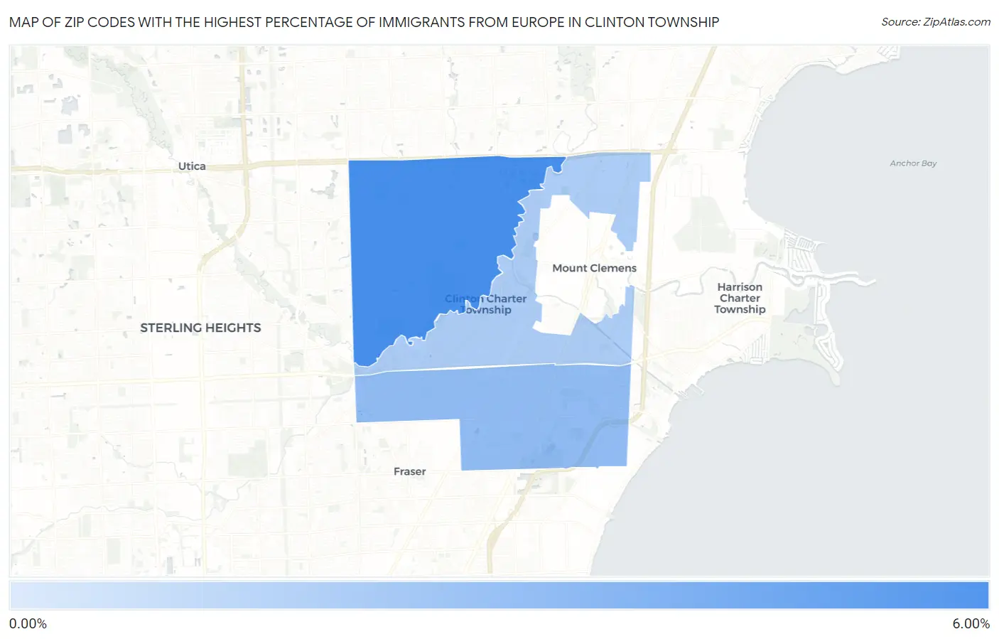 Zip Codes with the Highest Percentage of Immigrants from Europe in Clinton Township Map