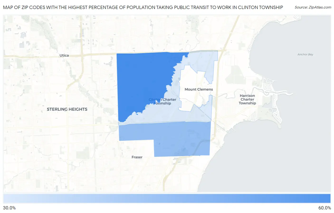 Zip Codes with the Highest Percentage of Population Taking Public Transit to Work in Clinton Township Map