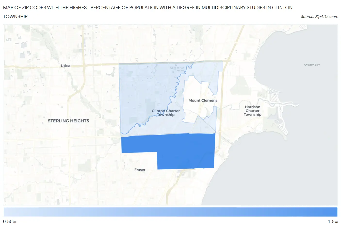 Zip Codes with the Highest Percentage of Population with a Degree in Multidisciplinary Studies in Clinton Township Map