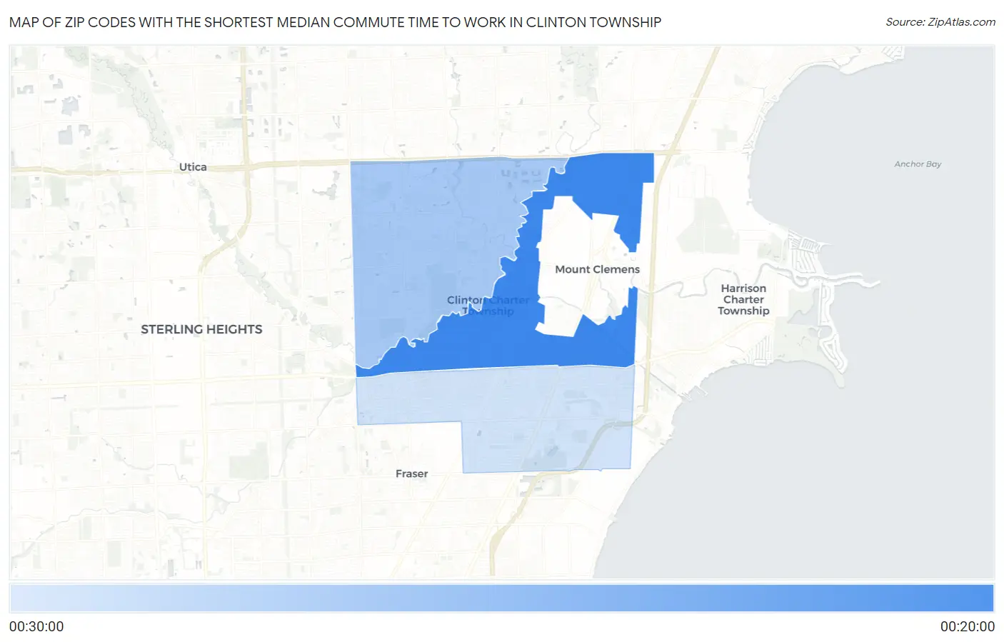 Zip Codes with the Shortest Median Commute Time to Work in Clinton Township Map