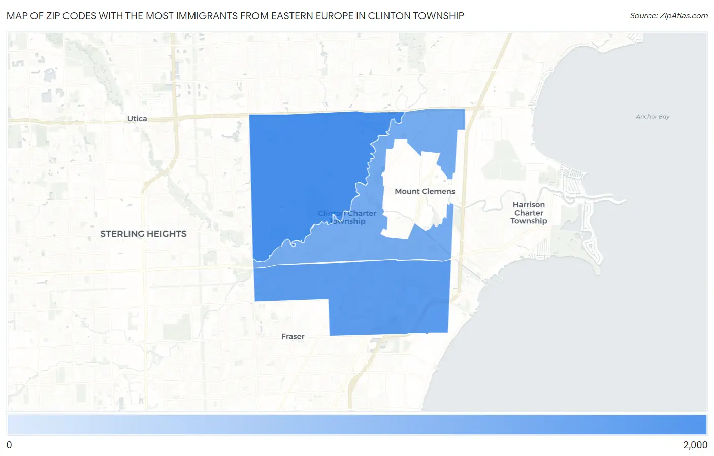 Zip Codes with the Most Immigrants from Eastern Europe in Clinton Township Map