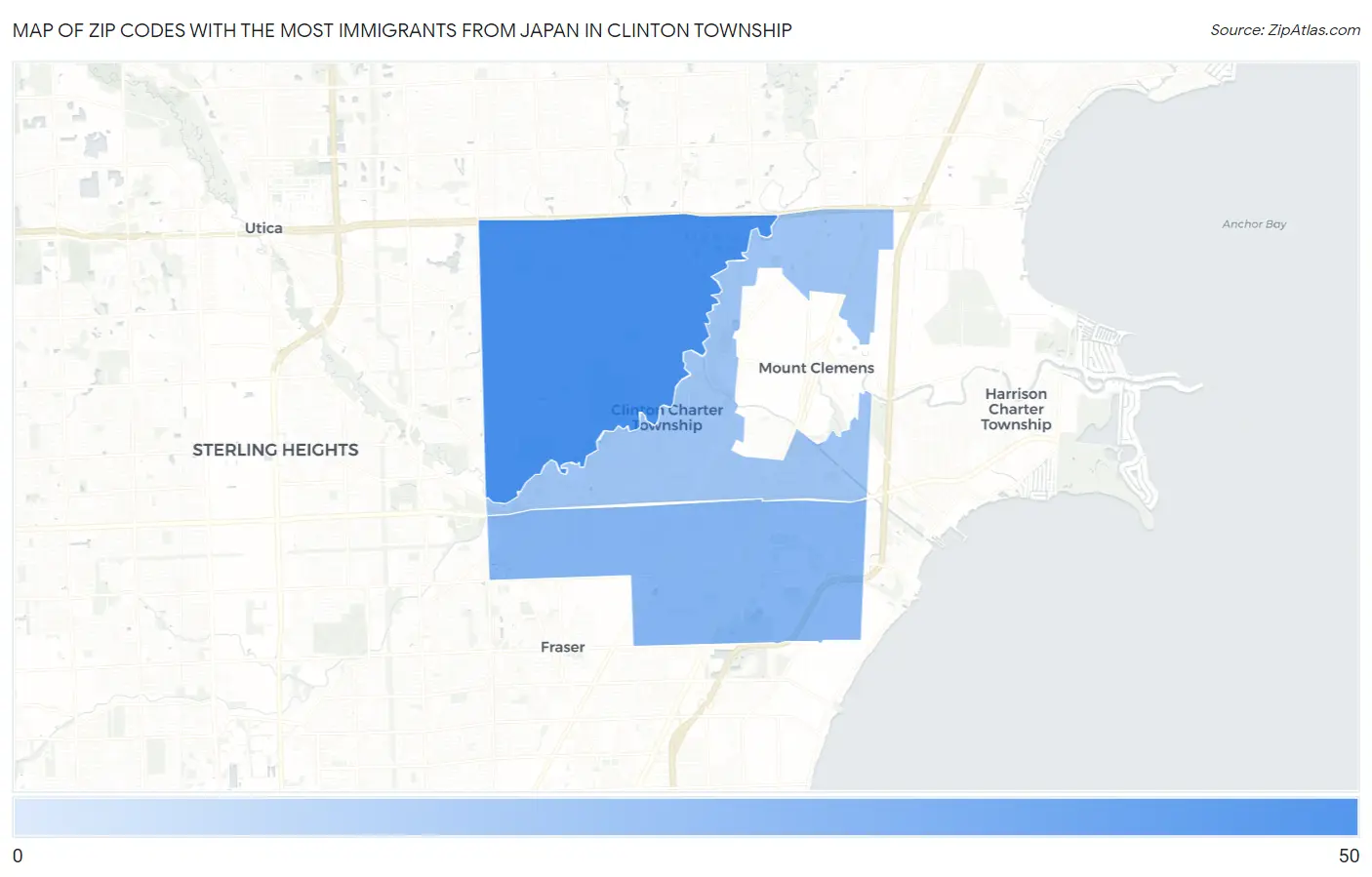 Zip Codes with the Most Immigrants from Japan in Clinton Township Map